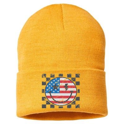 Happy 4th Of July Groovy Smile Face Red White Blue Usa Flag Sustainable Knit Beanie