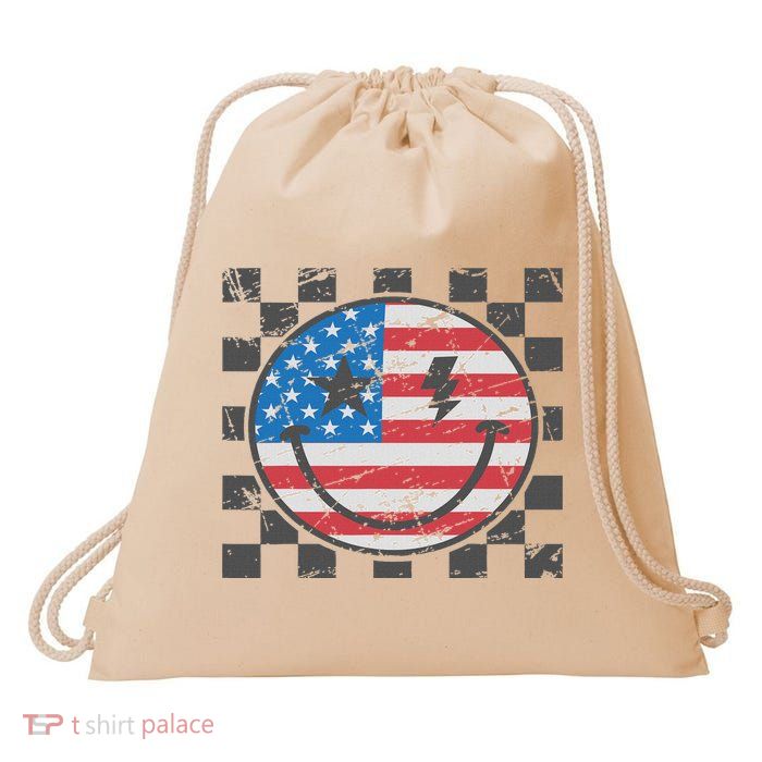 Happy 4th Of July Groovy Smile Face Red White Blue Usa Flag Drawstring Bag