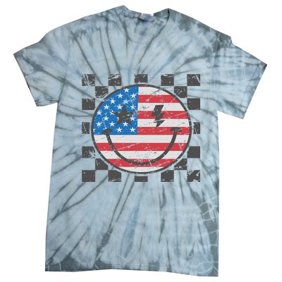 Happy 4th Of July Groovy Smile Face Red White Blue Usa Flag Tie-Dye T-Shirt
