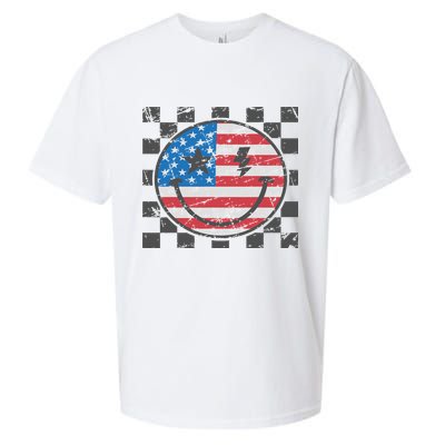 Happy 4th Of July Groovy Smile Face Red White Blue Usa Flag Sueded Cloud Jersey T-Shirt