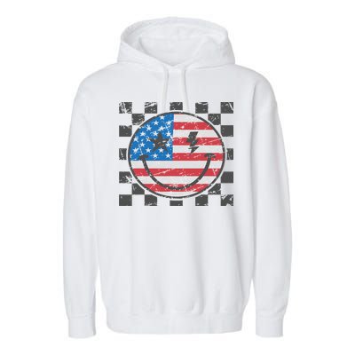 Happy 4th Of July Groovy Smile Face Red White Blue Usa Flag Garment-Dyed Fleece Hoodie