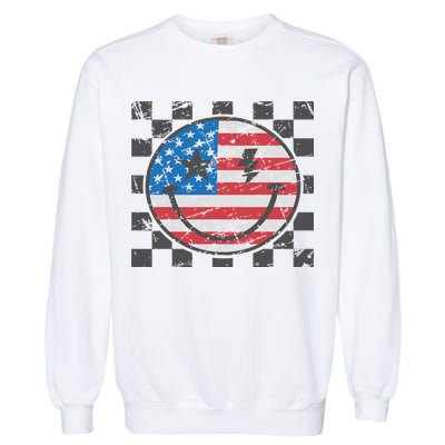 Happy 4th Of July Groovy Smile Face Red White Blue Usa Flag Garment-Dyed Sweatshirt