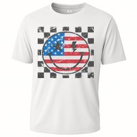Happy 4th Of July Groovy Smile Face Red White Blue Usa Flag Cooling Performance Crew T-Shirt