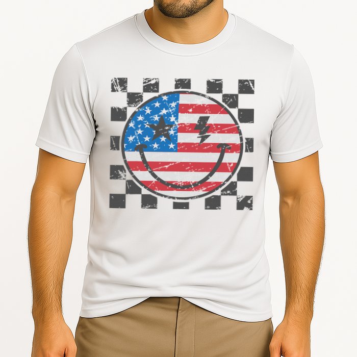 Happy 4th Of July Groovy Smile Face Red White Blue Usa Flag Cooling Performance Crew T-Shirt