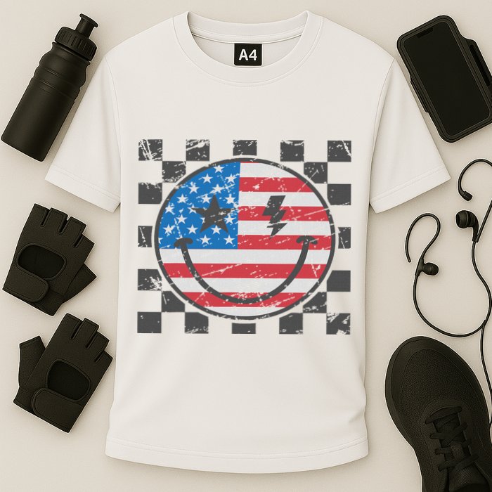 Happy 4th Of July Groovy Smile Face Red White Blue Usa Flag Cooling Performance Crew T-Shirt