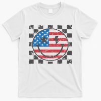 Happy 4th Of July Groovy Smile Face Red White Blue Usa Flag T-Shirt