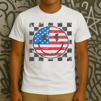 Happy 4th Of July Groovy Smile Face Red White Blue Usa Flag T-Shirt
