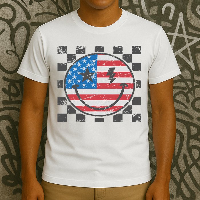 Happy 4th Of July Groovy Smile Face Red White Blue Usa Flag T-Shirt