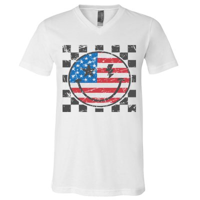 Happy 4th Of July Groovy Smile Face Red White Blue Usa Flag V-Neck T-Shirt