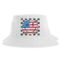 Happy 4th Of July Groovy Smile Face Red White Blue Usa Flag Sustainable Bucket Hat