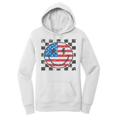Happy 4th Of July Groovy Smile Face Red White Blue Usa Flag Women's Pullover Hoodie