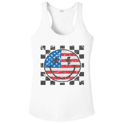 Happy 4th Of July Groovy Smile Face Red White Blue Usa Flag Ladies PosiCharge Competitor Racerback Tank