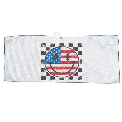 Happy 4th Of July Groovy Smile Face Red White Blue Usa Flag Large Microfiber Waffle Golf Towel