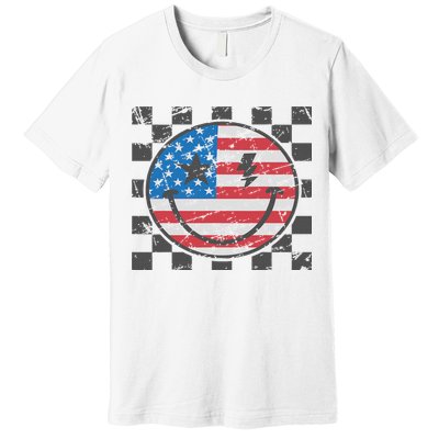 Happy 4th Of July Groovy Smile Face Red White Blue Usa Flag Premium T-Shirt