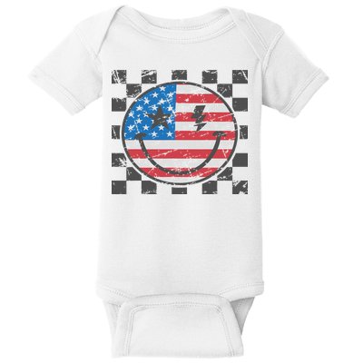 Happy 4th Of July Groovy Smile Face Red White Blue Usa Flag Baby Bodysuit