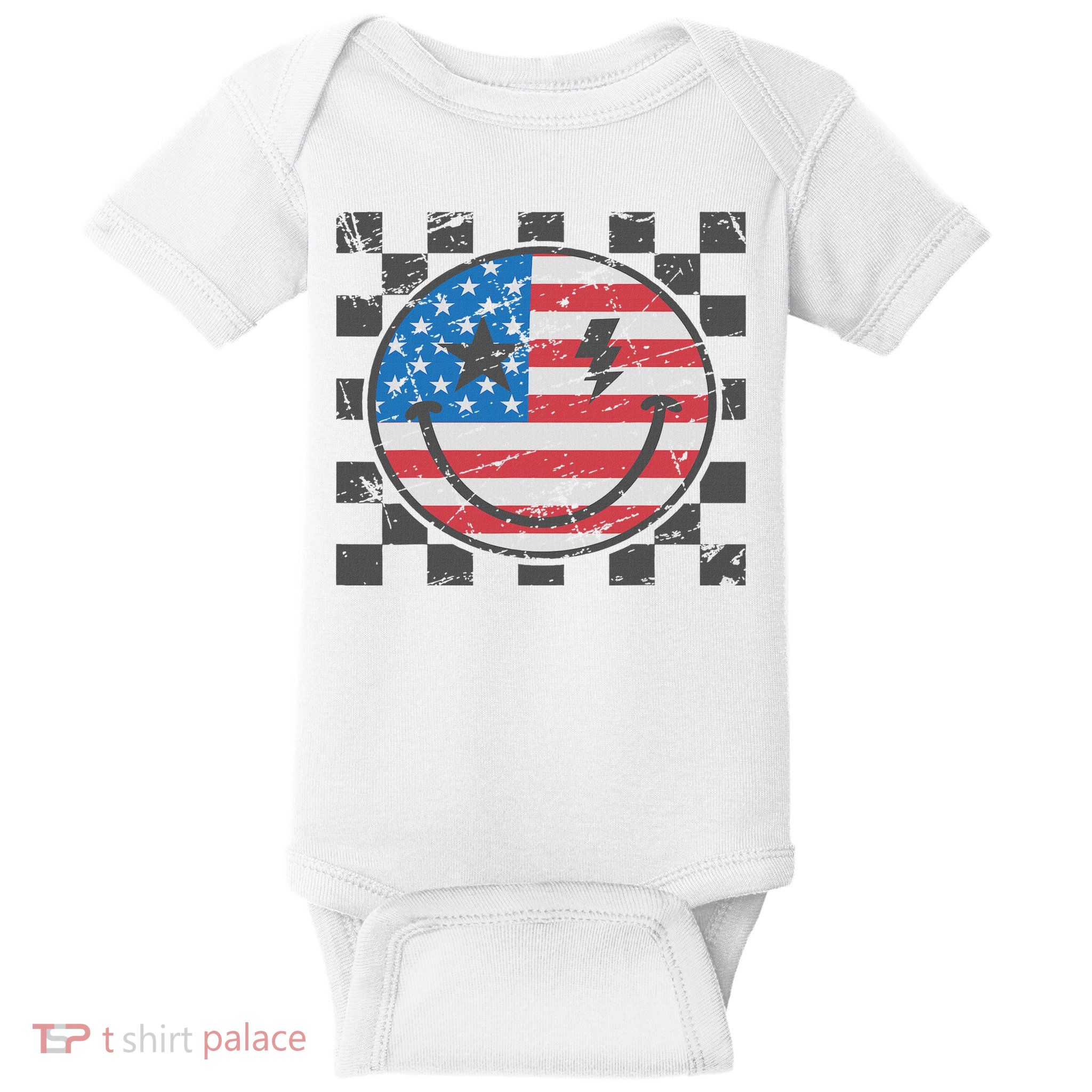 Happy 4th Of July Groovy Smile Face Red White Blue Usa Flag Baby Bodysuit