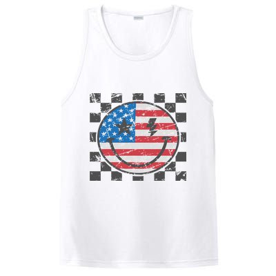 Happy 4th Of July Groovy Smile Face Red White Blue Usa Flag PosiCharge Competitor Tank