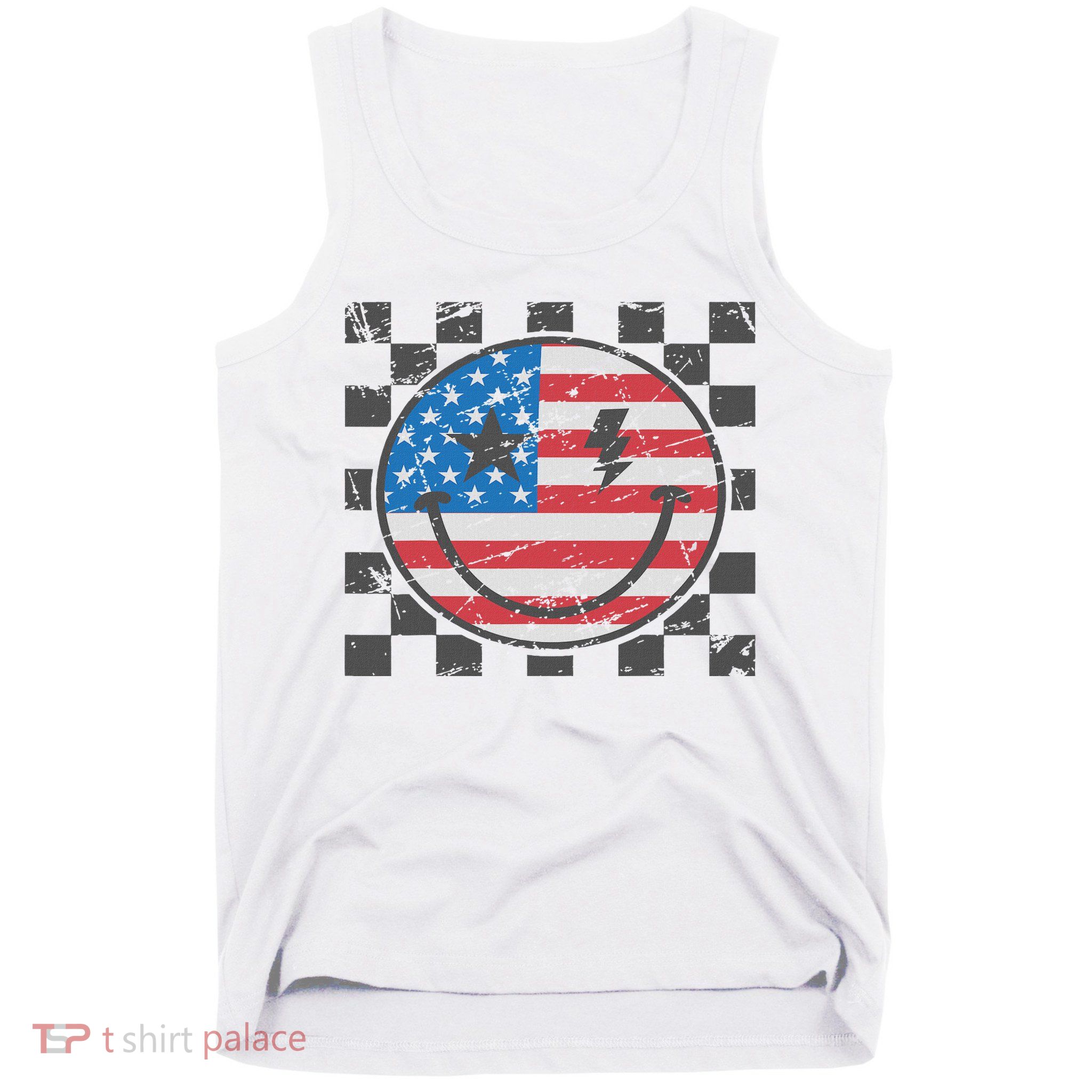 Happy 4th Of July Groovy Smile Face Red White Blue Usa Flag Tank Top