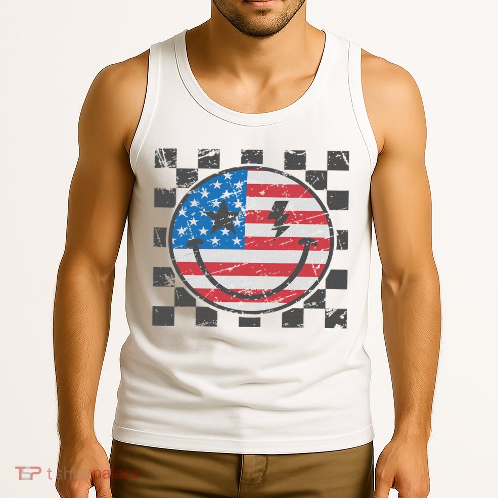 Happy 4th Of July Groovy Smile Face Red White Blue Usa Flag Tank Top