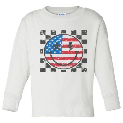 Happy 4th Of July Groovy Smile Face Red White Blue Usa Flag Toddler Long Sleeve Shirt