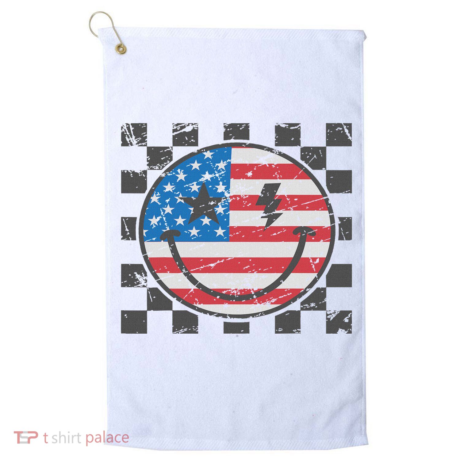 Happy 4th Of July Groovy Smile Face Red White Blue Usa Flag Golf Towel