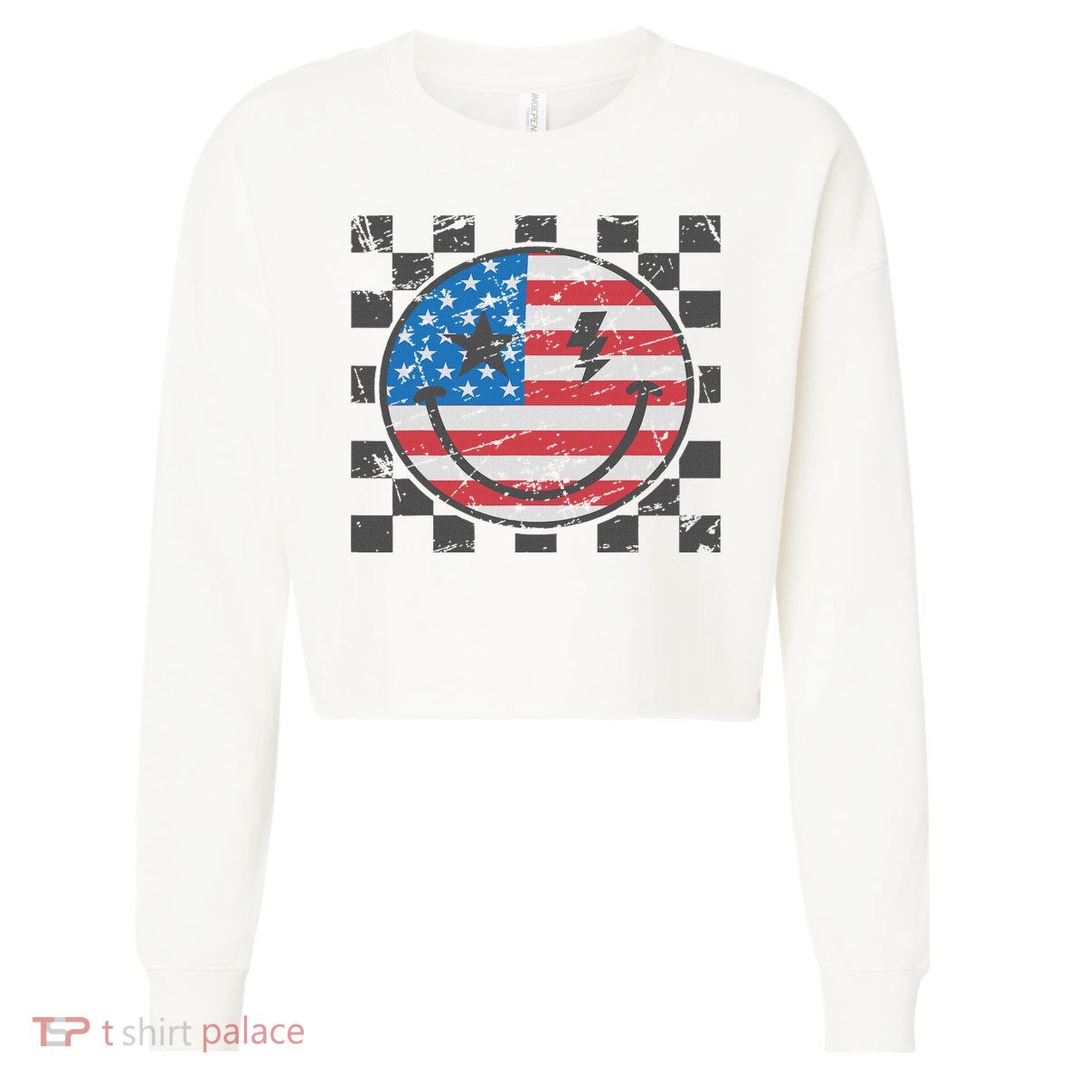 Happy 4th Of July Groovy Smile Face Red White Blue Usa Flag Cropped Pullover Crew