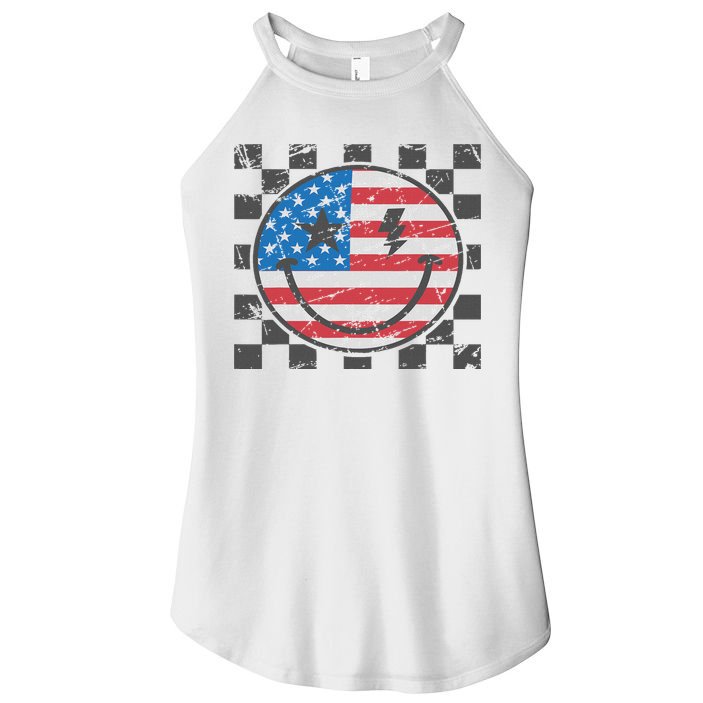 Happy 4th Of July Groovy Smile Face Red White Blue Usa Flag Women's Perfect Tri Rocker Tank