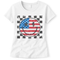 Happy 4th Of July Groovy Smile Face Red White Blue Usa Flag Womens T-Shirt