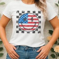 Happy 4th Of July Groovy Smile Face Red White Blue Usa Flag Womens T-Shirt