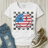 Happy 4th Of July Groovy Smile Face Red White Blue Usa Flag Womens T-Shirt