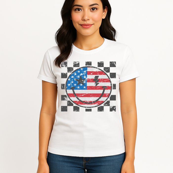 Happy 4th Of July Groovy Smile Face Red White Blue Usa Flag Womens T-Shirt