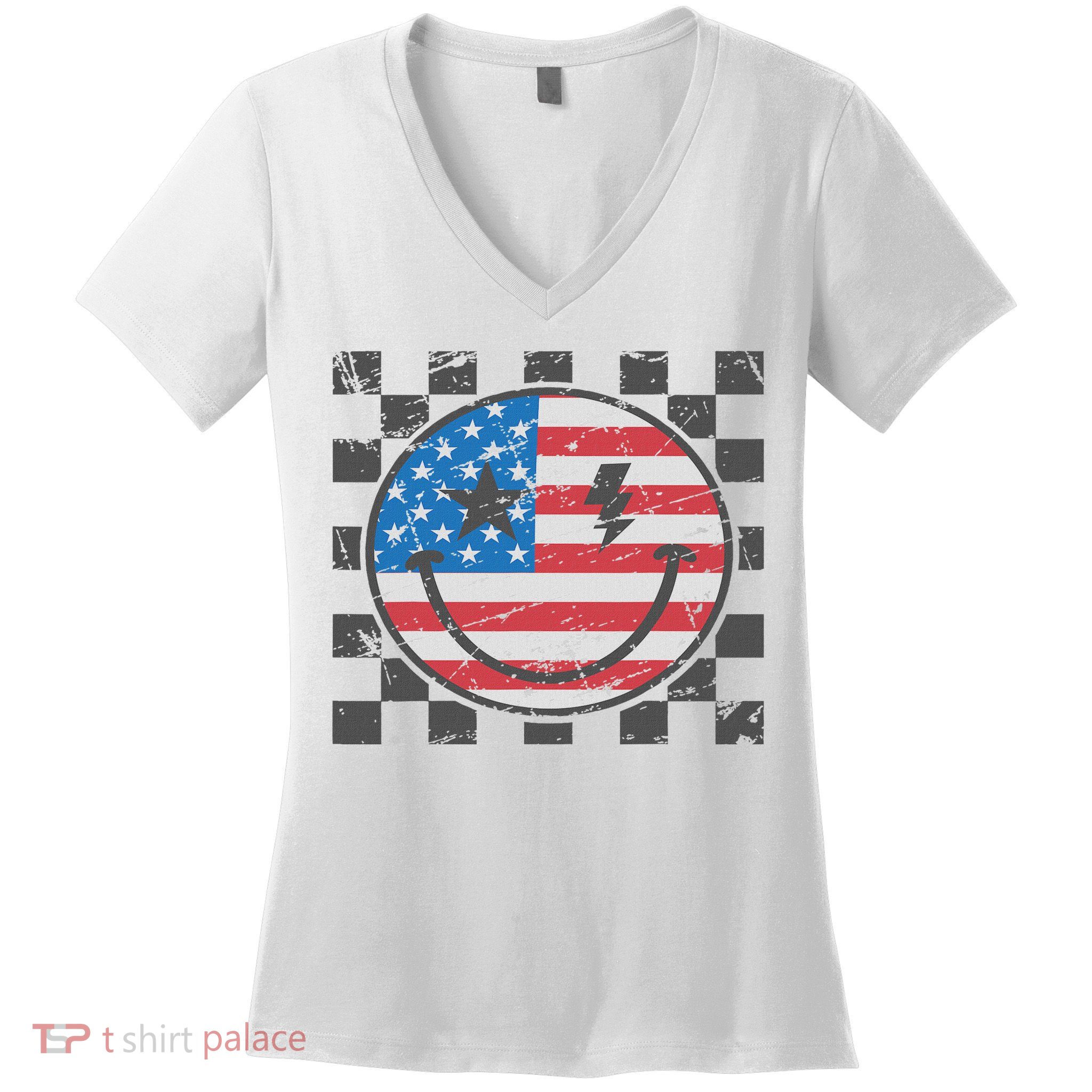 Happy 4th Of July Groovy Smile Face Red White Blue Usa Flag Women's V-Neck T-Shirt