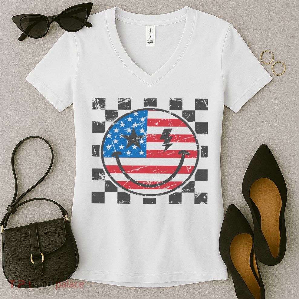 Happy 4th Of July Groovy Smile Face Red White Blue Usa Flag Women's V-Neck T-Shirt
