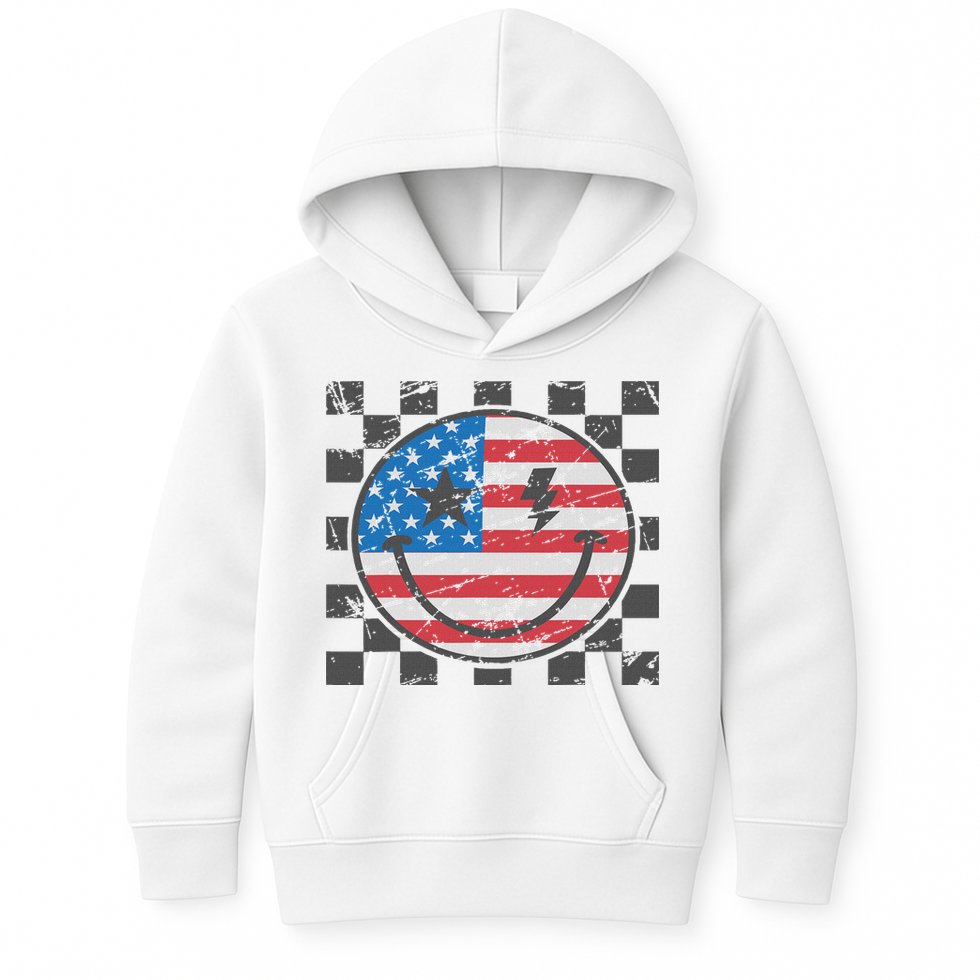 Happy 4th Of July Groovy Smile Face Red White Blue Usa Flag Kids Hoodie