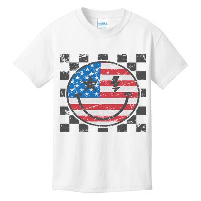 Happy 4th Of July Groovy Smile Face Red White Blue Usa Flag Kids T-Shirt