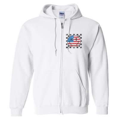 Happy 4th Of July Groovy Smile Face Red White Blue Usa Flag Full Zip Hoodie