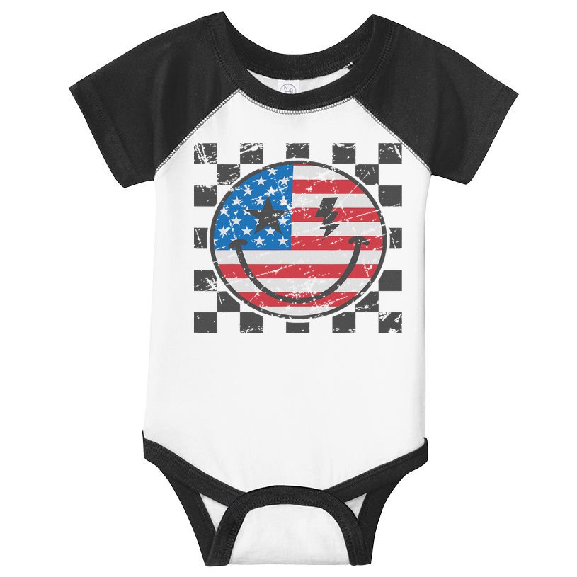 Happy 4th Of July Groovy Smile Face Red White Blue Usa Flag Infant Baby Jersey Bodysuit