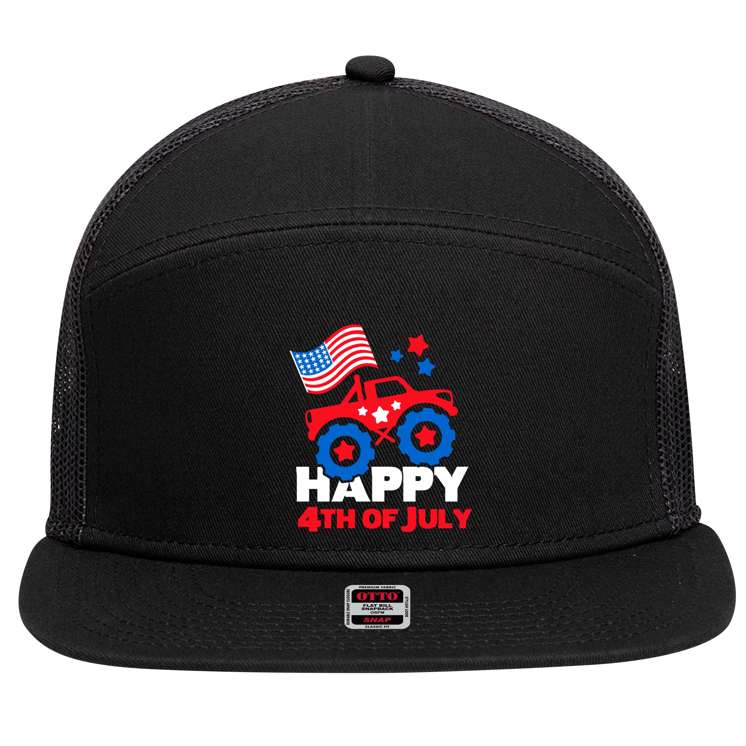 Happy 4th Of July Monster Truck American Flag 7 Panel Mesh Trucker Snapback Hat
