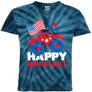 Happy 4th Of July Monster Truck American Flag Kids Tie-Dye T-Shirt