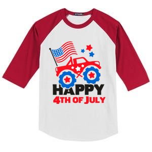 Happy 4th Of July Monster Truck American Flag Kids Colorblock Raglan Jersey