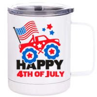 Happy 4th Of July Monster Truck American Flag 12 oz Stainless Steel Tumbler Cup