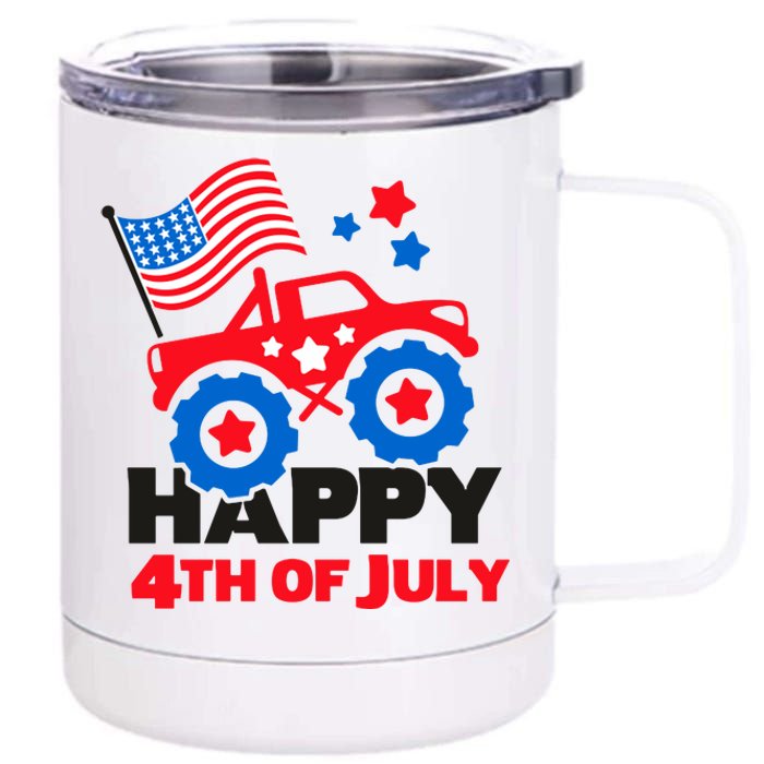 Happy 4th Of July Monster Truck American Flag 12 oz Stainless Steel Tumbler Cup