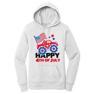 Happy 4th Of July Monster Truck American Flag Women's Pullover Hoodie