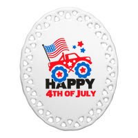 Happy 4th Of July Monster Truck American Flag Ceramic Oval Ornament