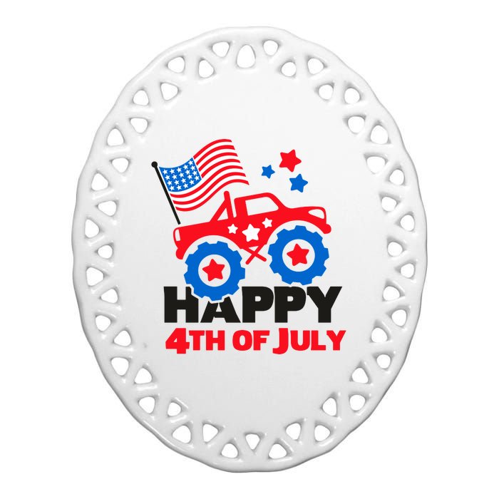 Happy 4th Of July Monster Truck American Flag Ceramic Oval Ornament