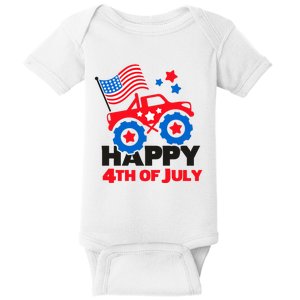 Happy 4th Of July Monster Truck American Flag Baby Bodysuit