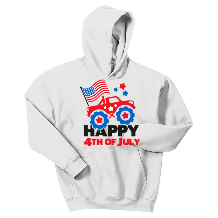 Happy 4th Of July Monster Truck American Flag Kids Hoodie