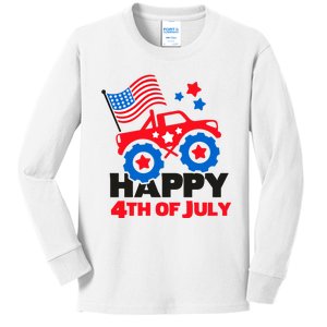 Happy 4th Of July Monster Truck American Flag Kids Long Sleeve Shirt