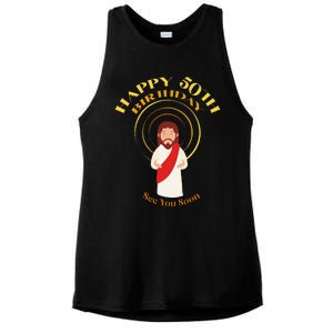 Happy 50th Birthday Christian Jesus See You Soon Ladies PosiCharge Tri-Blend Wicking Tank