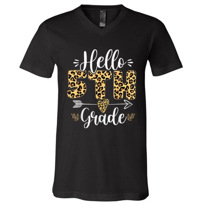 Hello 5th Fifth Grade Leopard Teacher Back To School V-Neck T-Shirt